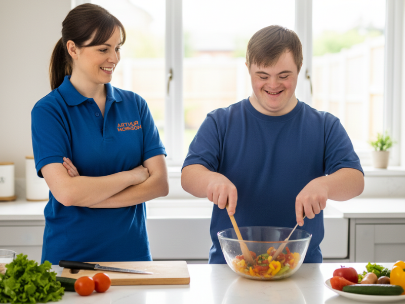 Arthur Morrison Care Services support worker helping young man with learning disability cooking in kitchen